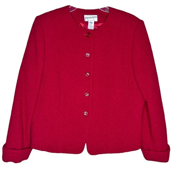 Pendleton Vintage Red Virgin Wool Collarless Professional Cropped Jacket size 14 - Picture 1 of 8